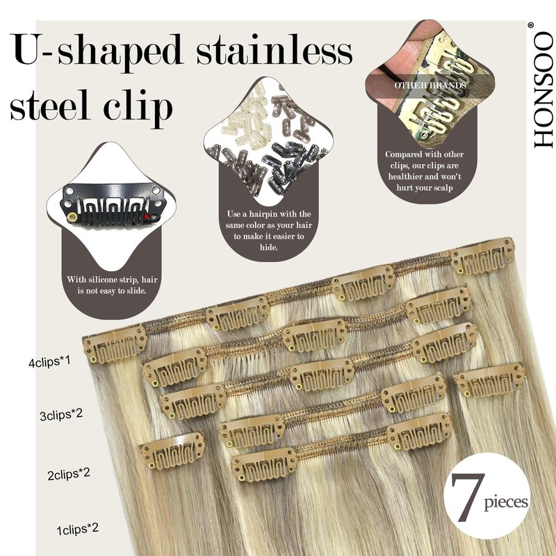 Honsoo Blonde Hair Extensions Clip In Balayage Hair Extensions Real Human Hair Mixed Bleach Blonde 15inch 70g 7pcs Straight Silky Blonde For Women Natural Hair