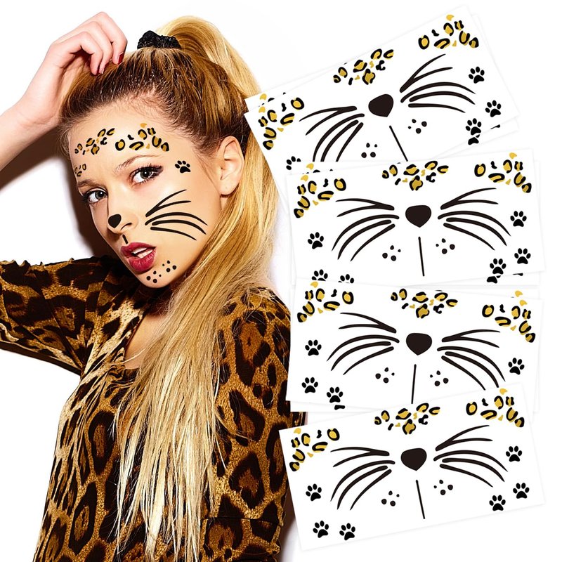 Leopard Face Temporary Tattoos, 7-Sheet Leopard Face Halloween Fake Tattoos for Kids and Adults - Perfect for Parties, Festivals, and Costumes