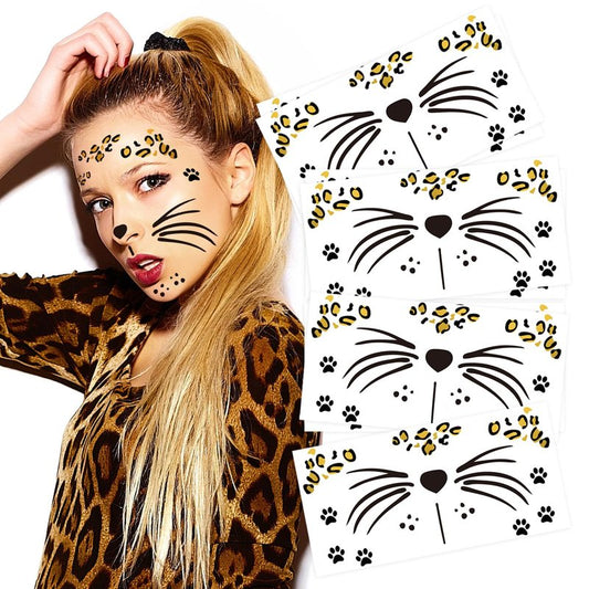 Leopard Face Temporary Tattoos, 7-Sheet Leopard Face Halloween Fake Tattoos for Kids and Adults - Perfect for Parties, Festivals, and Costumes