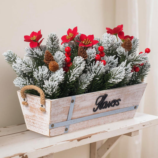 Skiennix Artificial Christmas Centerpiece - Snowy Norfolk Pine Garland with Poinsettias & Berries | Rustic Wood Planter for Holiday Home Decor