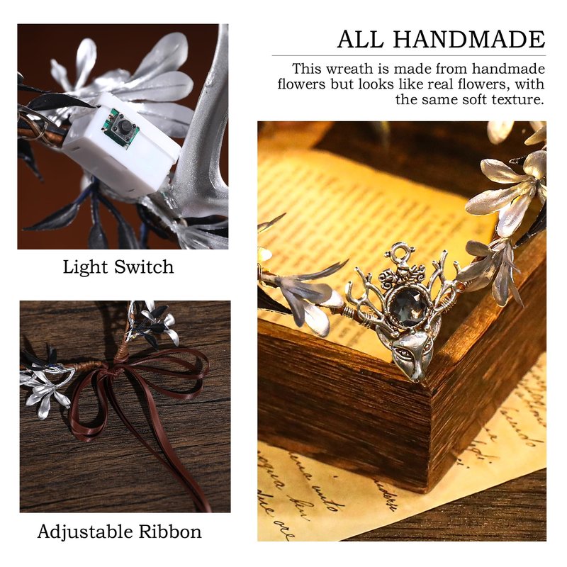 MOSTORY Light up Fairy Crown - Silver Antler Crown Flower Heapiece Elf Floral Circlet Woodland Headband for Women Halloween Outfit Renaissance Ren Faire Cosplay Photo Shoot