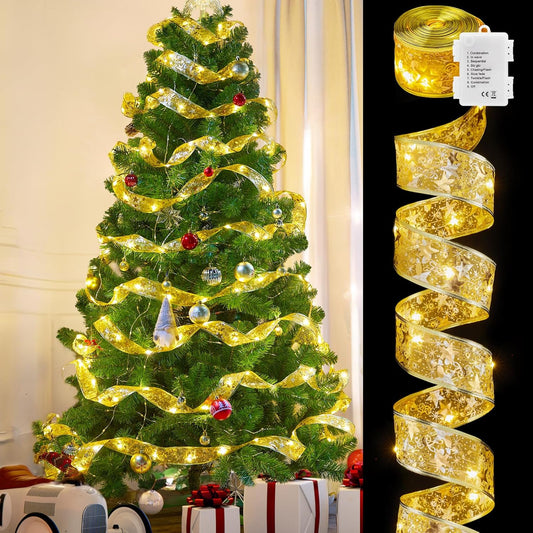 Minetom Christmas Tree Ribbon Lights - 33ft 100 LED Battery-Powered Fairy Lights | 8 Lighting Modes, Gold