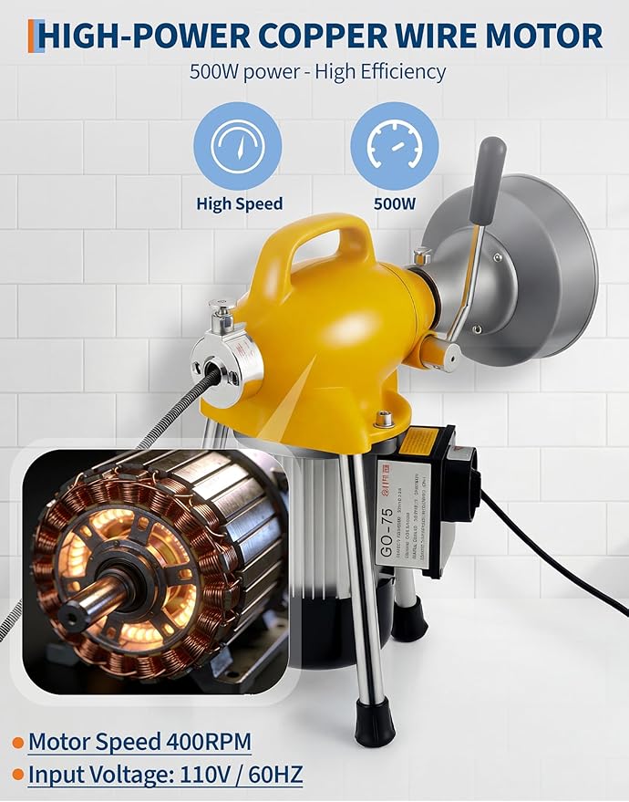 Portable Drain Cleaner Machine, Electric Sewer Snake Drain Auger with 66FT x 5/8" & 16FT x 3/8" Steel Cables and 7 Cutters, 500w Power Drain Cleaner Machine Auto Feed Pipe Snake for 3/4" to 4" Pipes