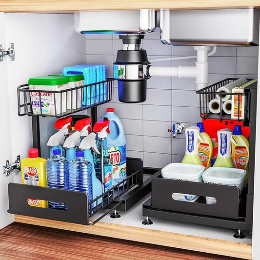 2 Pack Under Sink Organizers and Storage,Pull Out Cabinet Organizer,2-Tier Sliding Out Kitchen Basket Sink Shelf Cabinet Organizers Adjustable L Shape Counter Organizers for Bathroom Kitchen (Black)