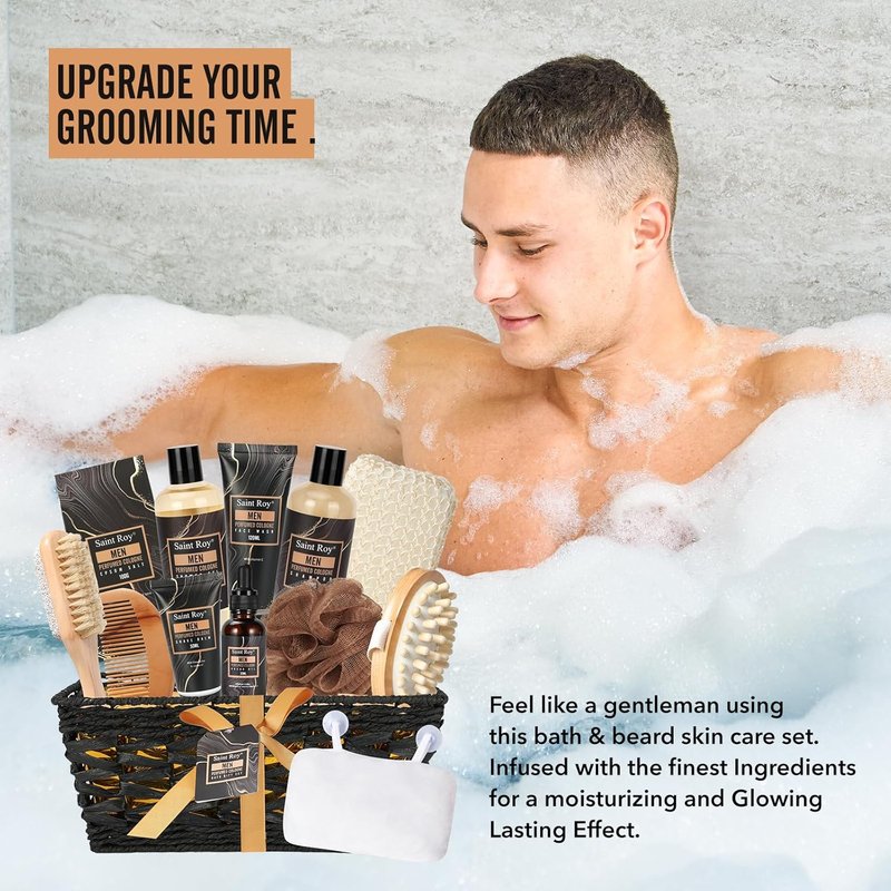 Men's Bath Perfume Gift Set - 14 Pcs Spa Basket with Classic Perfume, Shaving Kit, Beard Oil & Face Care Essentials