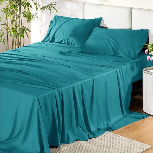 Bedsure Cooling Bed Sheets - Breathable Rayon from Bamboo | Full Size, Deep Pocket Up to 16 Inches, Turquoise