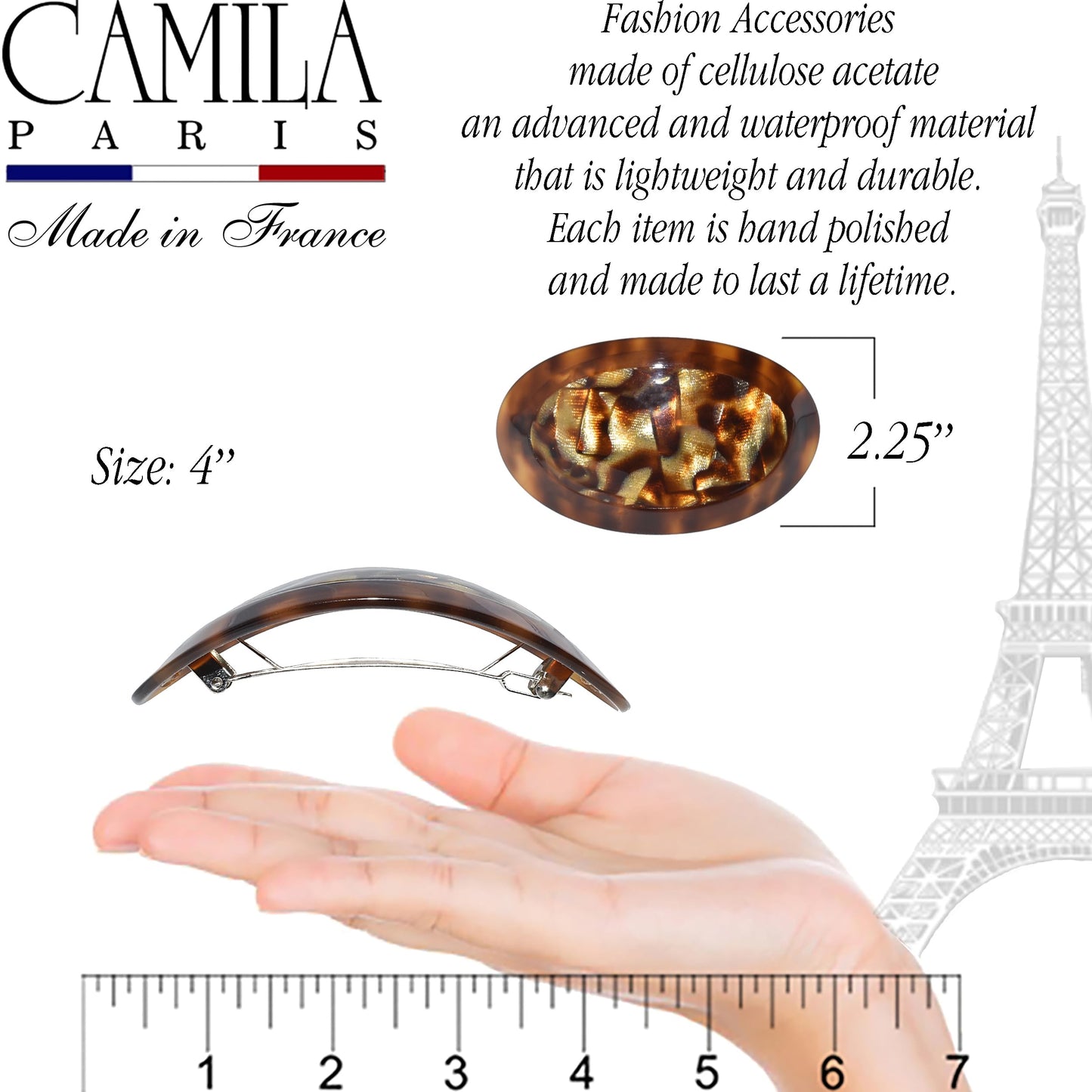 Camila Paris CP3645 French Hair Barrette Clip Oval Brown and Africa, Strong Hold Grip Hair Clips for Women, No Slip Rubberized Metal Closure, Durable Styling Girls Hair Accessories, Made in France