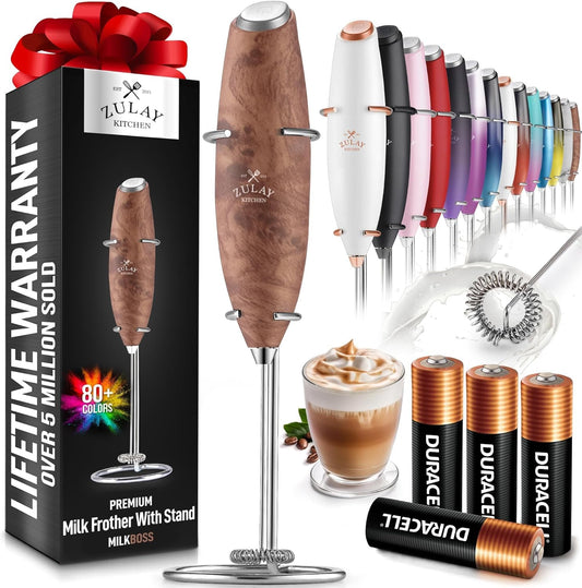 Zulay Kitchen Milk Frother Wand - Ultra-Fast Handheld Drink Mixer with Batteries - Perfect for Coffee, Lattes & Cappuccino - Walnut
