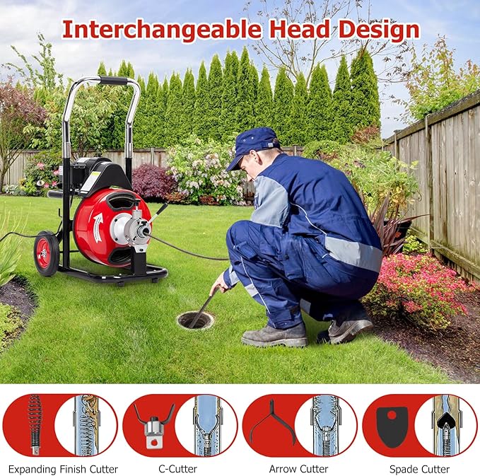 Drain Cleaner Machine 75FT x 1/2 Inch, Sewer Snake Auger with 370W Motor, Auto Feed, 8/4 Cutter Blades, Foot Switch & Wheels, Gloves, Semi-Enclosed Drum, Portable Drain Cleaning Tool for 1"-4" Pipes