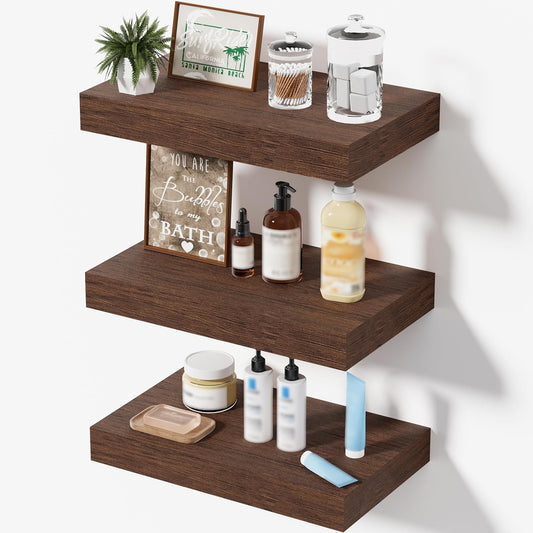 Modern Wooden Floating Shelves by [Brand Name] - Stylish Wall-Mounted Storage | Set of 3, 12x7x1.5 in (Walnut)