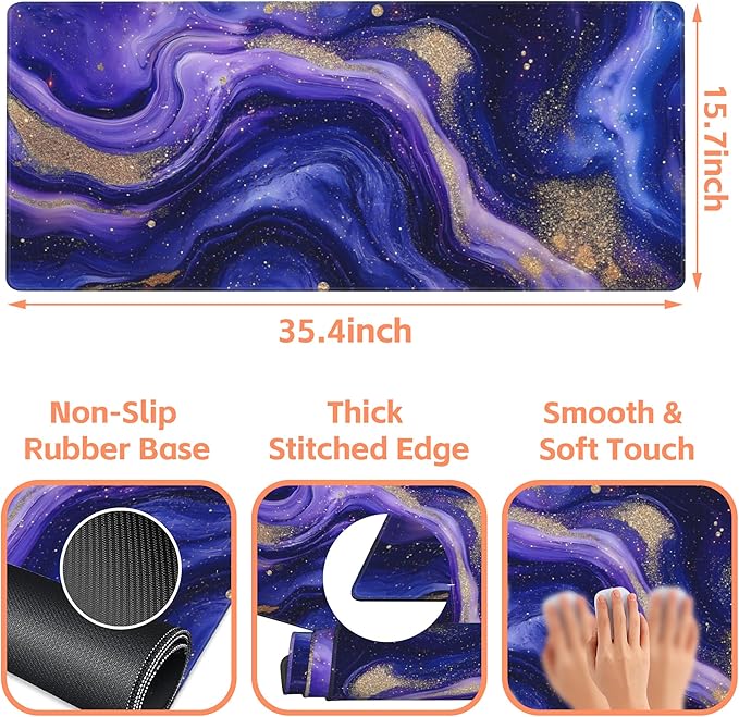 NIYLYNSYN Mouse Pad Large Fluid Art Marble Texture Non-Slip Game Desk Mat with Stitched Edge Laptop Keyboard Desk Pad for Work Home Gaming (35.4 x 15.7 Inches)