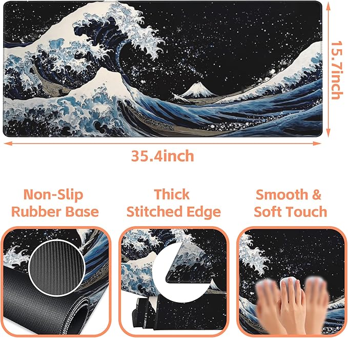NIYLYNSYN Mouse Pad Large Wave in The Night Sky Non-Slip Game Desk Mat with Stitched Edge Laptop Keyboard Desk Pad for Work Home Gaming (35.4 x 15.7 Inches)