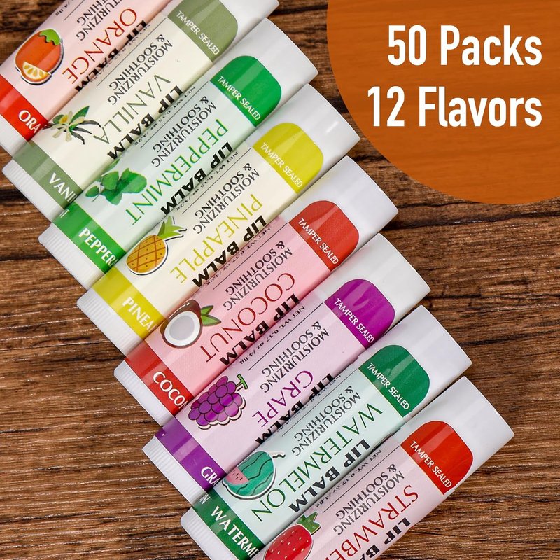 Moisturizing Lip Balm Bulk - 50 Pack for Dry Cracked Lips | 12 Flavors, Perfect for Gifts