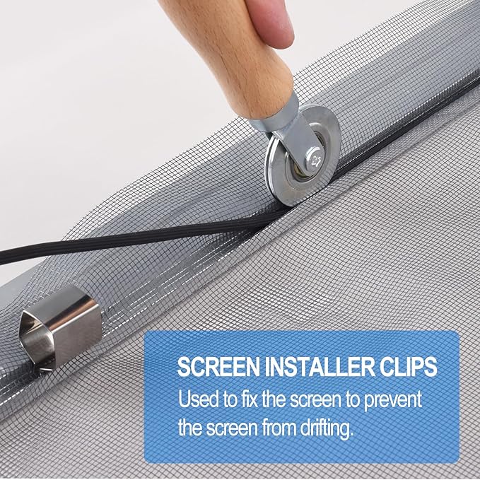 BAYTORY Window Screen Repair Kit, Steel Roller Tool with Bearing, Spline Removal Hook, 32ft Retainer Spline and 8pcs Screen Clips Replacement for Installing Door Mesh Screens BY0009G11