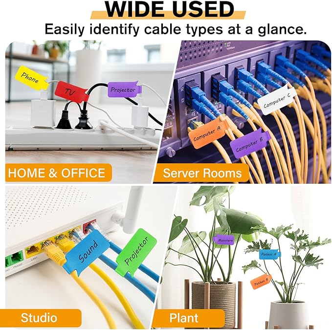36-Pack Large Cable Labels with 40 Write-On Stickers, Reusable 8-Color Wire Tags for Electronics, Cord ID & Cable Management for Home Office, PC Network - Rectangle