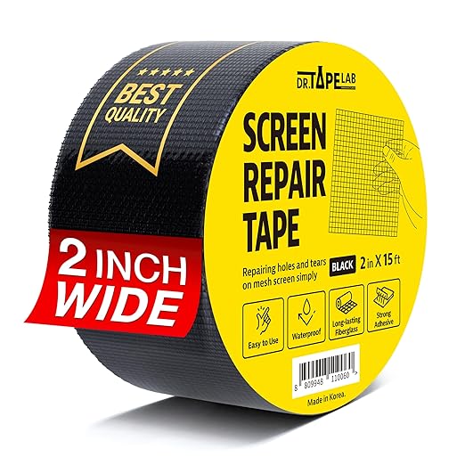 DR.TAPELAB, Black Window Screen Repair Tape, 2 in X 15 FT, Screen Repair Kit for Windows or Doors, Strong Adhesive Patch Kit Fiberglass Mesh Tape