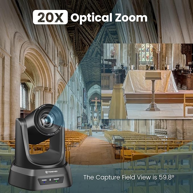 TONGVEO Conference Room PTZ Camera System with 20X Optical Zoom, AI Auto Tracking 1080P 60fps HDMI USB Webcam for Church Streaming Online Video Conference,Compatible with Zoom, OBS Easy Setup