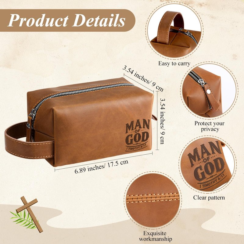 Shinylin 3 Pcs Father's Day Man of God Gifts for Men Christian 11.2oz Inspirational Coffee Mug Religious Bible Verse Leather Toiletry Bag Scripture Keychain for Dad Pastors Church Gift(Classic Color)