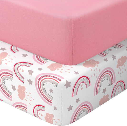 Skiennix Baby Crib Sheets - 2 Pack Soft Microfiber for Standard Crib | Pink Rainbow & Pink, 28x52x8in