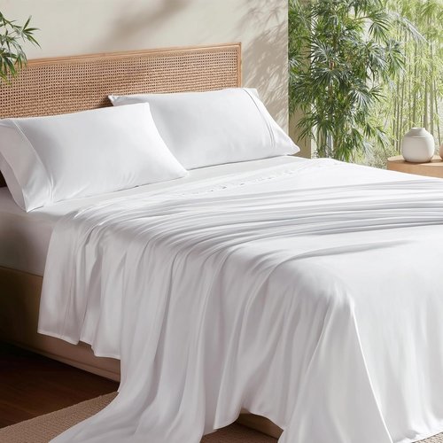 Bedsure Queen Sheet Set - Cooling Rayon Bamboo Sheets | Breathable & Soft, Deep Pocket Up to 16" - White