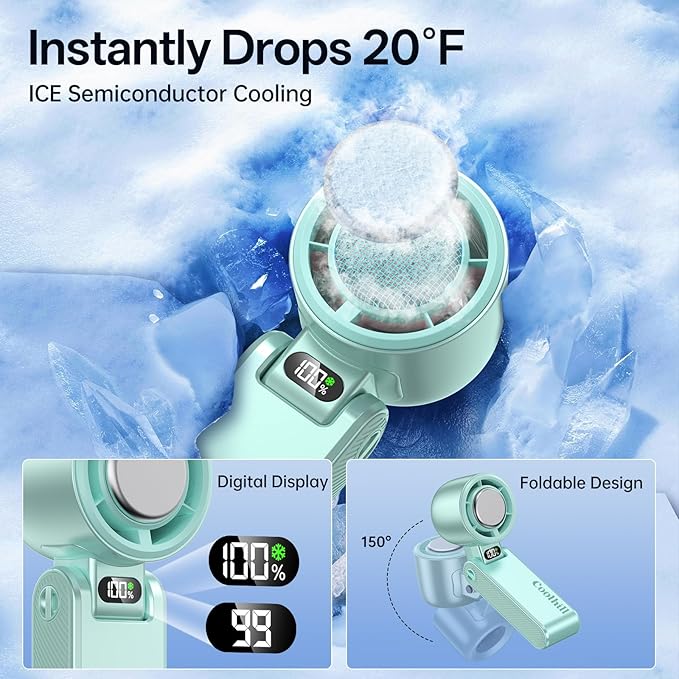 Coolhill Pro Handheld Portable Fan with Ice Cooler: 199-Speed 5500mAh Rechargeable Handheld Fan, 12H Time Hand Cooling Personal Fans with 20000 RPM Air Turbo Tech for Travel Outdoor (Green)