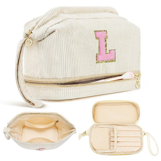 Makeup Bag for Girls Gift, Personalized Valentines Day Gifts Initial Women Makeup Bag for Travel, Double Layer Cosmetic Bag with Brush Organizer Preppy Make up Bag for Teen Girl Trendy - M