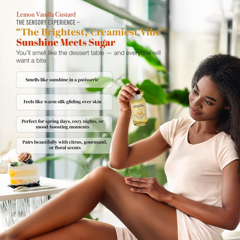 Soothing House Lemon Vanilla Custard Oil with All-Natural Moisturizing Body Oil for Soft, Glowing Skin with Almond & Jojoba Oil (4 fl oz)