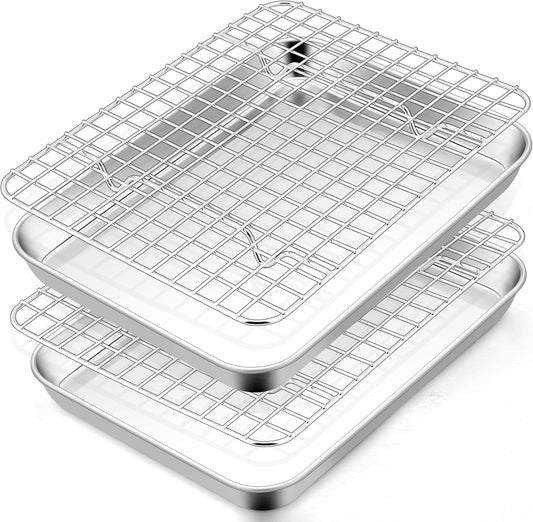 TeamFar Stainless Steel Toaster Oven Pan Set - 9 x 7 Inch Mini Baking Tray with Rack | Non-Toxic & Dishwasher Safe (2 Pans + 2 Racks)