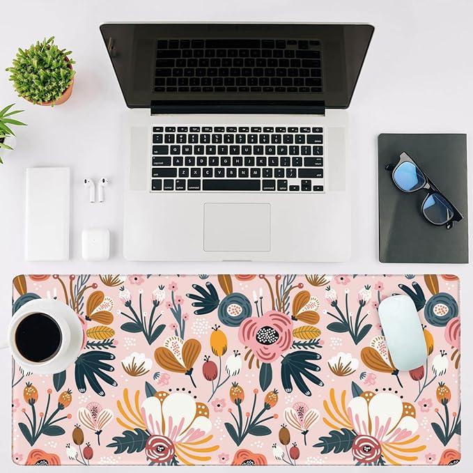 NIYLYNSYN Mouse Pad Large Flowers and Leaves Non-Slip Game Desk Mat with Stitched Edge Laptop Keyboard Desk Pad for Work Home Gaming (35.4 x 15.7 Inches)