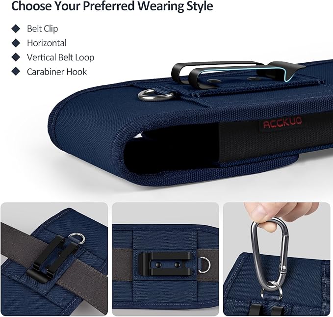 ACCKUO Phone Holster for Belt with Metal Clip and Magnetic Closure Compatible with iPhone 17/16/15/14/13/12 Pro and Non-Pro, Galaxy S26 S25 S24 S23 S22 for Everyday Protection, M-Blue