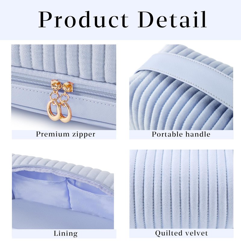 SEAMOON Large Travel Leather&Quilted Makeup Cosmetic Bag Organizer Case with Compartments Cosmetiquera Toiletry Bag(Blue)