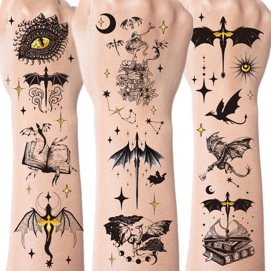 Black Wings Dragon Temporary Tattoos - 200+ Dragon Birthday Party Decorations Favors Supplies Dark Mysterious Ancient Animals Tattoo Stickers for Kids Boys Girls Dragons Goodie Bags Fillers Gifts