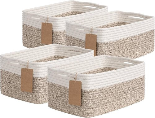 Goodpick Storage Baskets - 4 Pack Rectangle Woven Bins for Organizing Baby Toys | 13''L x 8''W x 6''H, Brown & White
