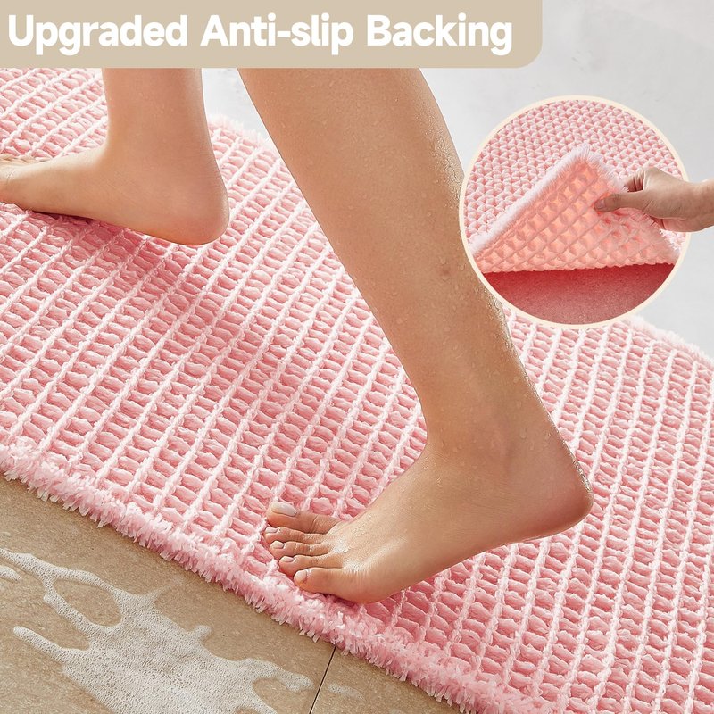 TYUU Light Peachy Pink Long Bathroom Rugs, Waffle Runner Rug Bathroom Non Slip Washable Quick Dry Cute Bath Mat Boho Farmhouse Bath Mat, 72"x24" Light Peachy Pink