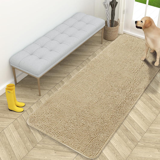 OLANLY Dog Door Mat - Absorbent Non-Slip Chenille for Muddy Paws | 59x24 Inches, Quick Dry, Beige