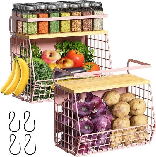 Magnetic Shelf for Fridge with Wood Lid, Fruit Potato and Onion Storage Bins, Pantry Organizers & Storage, Large Container Magnetic Spice Rack for Refrigerator, Kitchen Counter, Cabinet (Pink, 2)