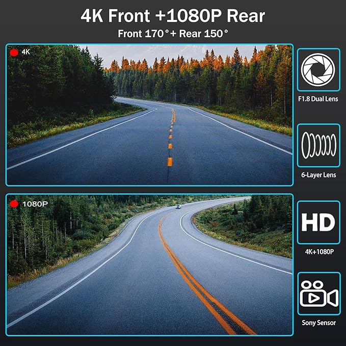 Mirror Dual Dash Camera for Car, Dashcam 4K Front 2.5K IMX335 Rear View/ADAS BSD LCA Wi-Fi&APP WDR Night Vision G-Sensor Loop Recording Parking Monitor 64GB Card