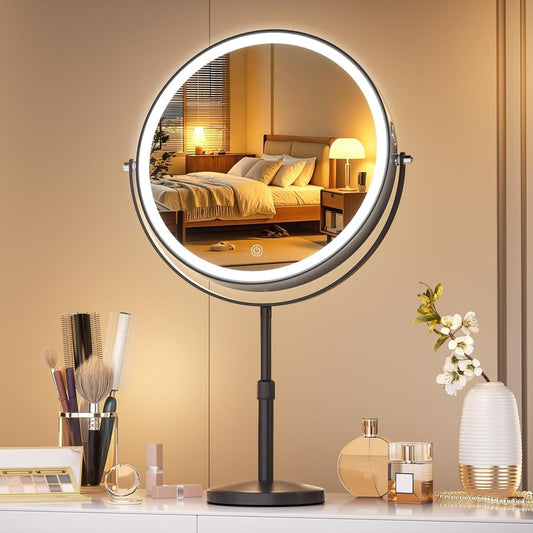 Lighted Makeup Mirror - 10-Inch Rechargeable Vanity Mirror with Magnification & Dimmable Brightness | 3 Lighting Modes, Adjustable Height, Black
