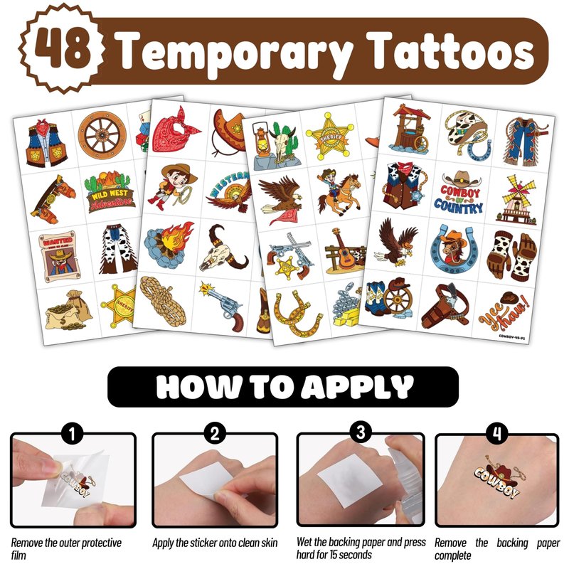 72 PCS Cowboy Party Favors for Kids – 48 Pre-Cut Temporary Tattoos & 24 Cowboy Punch Balloons Themed Birthday Party Decorations Supplies Favors Gifts, Goodie Bag Fillers, Classroom Rewards