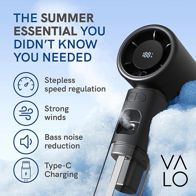 ValoInv Valo Portable Rechargeable Fan - Mini Cooling Fan for Travel, USB Desk Personal Fan with 100 Speeds, Water Cooling Technology, 50ml Tank, Quiet Operation, 2,000 mAh Battery - Titanium Gray