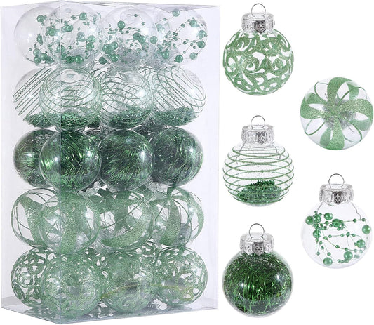 Skiennix Christmas Ornaments Set - 30pcs Shatterproof Green & Clear Baubles for Holiday Decor