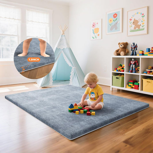 Omzer Baby Play Mat | 1.3" Thick Foam, 65x50 Inch, Soft Coral Velvet, Non-Slip Crawling Pad - Grey