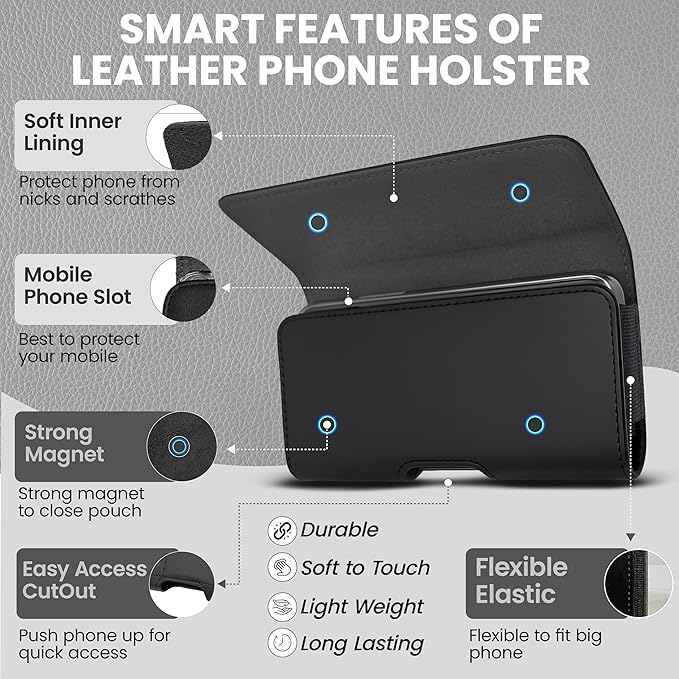 Wireless City X-Large Phone Holster for Men & Women, Horizontal Belt Clip & Loop Cell Phone Pouch, Magnetic Closure Phone Belt Holder Fits iPhone 17/16/15/14/13/12 Pro Max & Large Smartphones (Black)