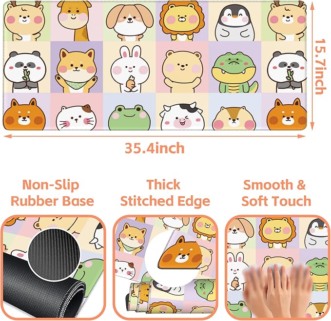 NIYLYNSYN Mouse Pad Large Cute Animals Non-Slip Game Desk Mat with Stitched Edge Laptop Keyboard Desk Pad for Work Home Gaming (35.4 x 15.7 Inches)