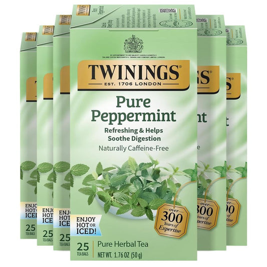 Twinings Pure Peppermint Herbal Tea Individually Wrapped Bags, 25 Count (Pack of 6), Fresh Minty Flavour, Naturally Caffeine-Free, Enjoy Hot or Iced, 150 Teabags