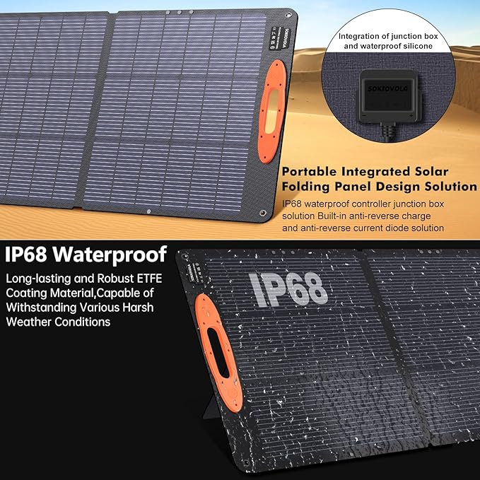SOKIOVOLA N-Type 16BB 220W Portable Solar Panel for EF/Jackery/Bluetti/Anker Power Station, IP68 Waterproof Foldable Solar Panel ETFE 25% High Efficiency for Outdoor Camping RV Trip