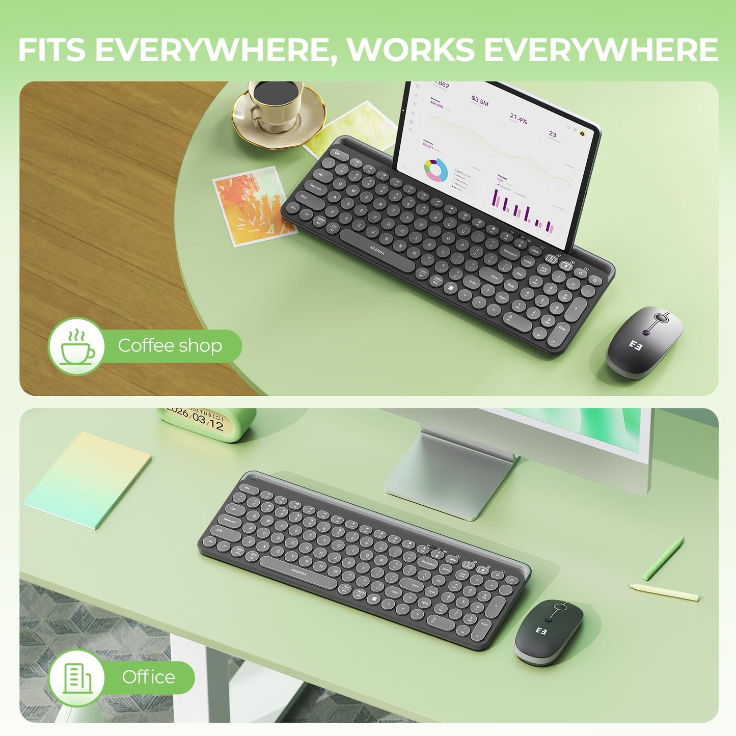 seenda Bluetooth Keyboard and Mouse for iPad, CTU-301 Wireless Multi-Device Connection Bluetooth+2.4G Keyboard Mouse Combo with Tablet Holder for iPad/MacBook/Windows, iOS/Android/Phone, Black