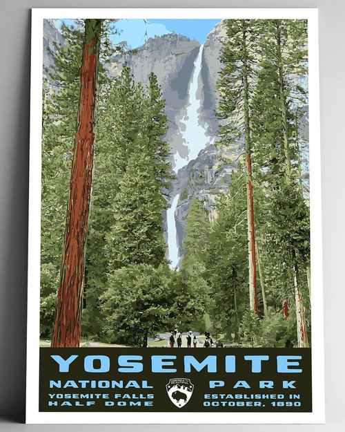 Go See Design Yosemite National Park Vintage Travel Poster - Multiple Sizes Available | WPA Style Yosemite Falls
