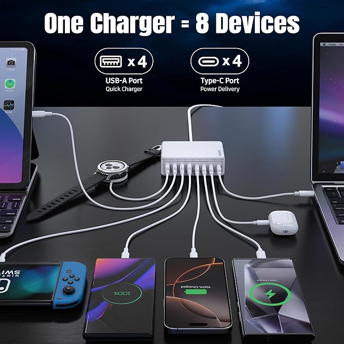 TZBAY 200W GaN III 8-Ports USB C Fast Charger, Type C Block, QC4.0 Fast Phone Charging Station Hub PD 65W Charger Power Adapter for iPad/Air/Pro/iPhone 17/16 MacBook Pro/Air, Galaxy Phones, Tablet