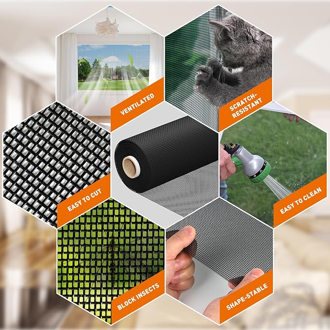 MAGZO Window Screen Replacement Mesh Roll, 37.4in × 16.4ft Upgraded Thicker 360g/m² Heavy Duty Polyester Screen Mesh Ideal for Patio Porch Sliding Repair Kit 14x11Mesh